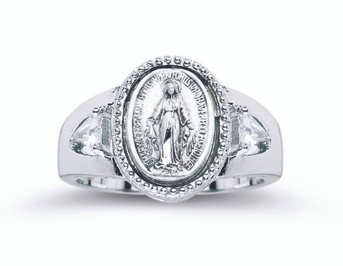 Sterling Silver.Miraculous Medal Ring. Bordered by two crystal cubic zirconium. Sizes 5-8. Miraculous Medal Ring comes in a deluxe velour gift box. Made in the USA. Limited Lifetime Guarantee from defects in material and workmanship