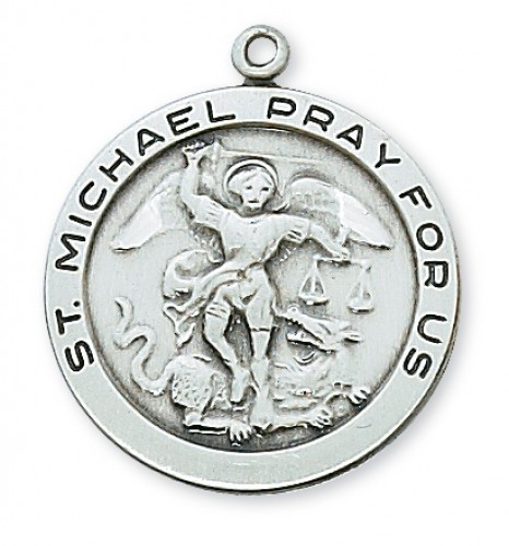 1 - 2/16" Sterling Silver Saint Michael Round Medal. St Michael Round Medal comes on a 24" Rhodium Plated Chain. A Deluxe Gift Box Included. Made in the USA