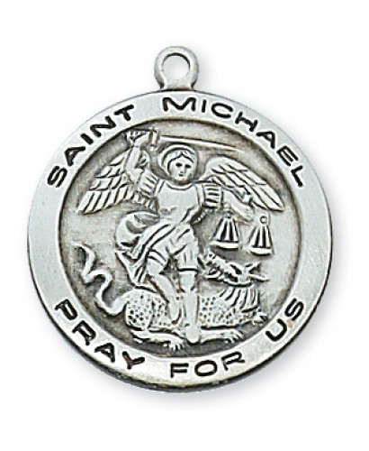 Sterling Silver Saint Michael 3/4"  Round Medal. St Michael Round Medal comes on an 18" rhodiium plated chain.  A deluxe gift box is included. Made in teh USA