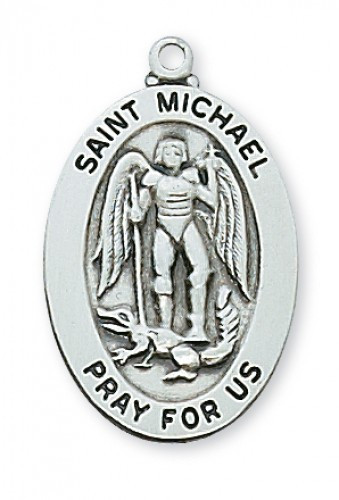 1 - 2/16" Sterling Silver Saint Michael Oval Medal.  St Micahel sterling silver oval medal comes on a 20" rhodium plated chain. A Deluxe Gift Box Included