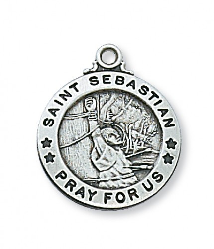 Sterling Silver Saint Sebastian Medal.  Saint Sebastian is the Patron of Athletes. Medal mesaures 3/4" round. St Sebastian Medal comes on a 24" rhodium chain.  A deluxe gift box is included. Made in the USA. 