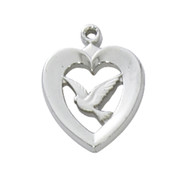 1/2" Heart with Dove Rhodium plated  Medal. Dove in Heart Pendant comes on an 18" Rhodium Chain. Gift Box Included. Made in the USA

