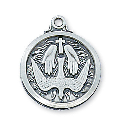 3/4" D. Sterling Silver Holy Spirit Medal. Holy Spirit Medal comes on a 20" Rhodium Plated Chain. Deluxe Gift Box Included. Made in the USA!

