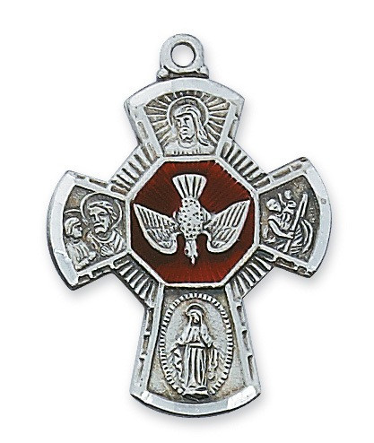 Sterling Silver Red Enameled 4 Way Medal Holy Spirit Pendant, 5E