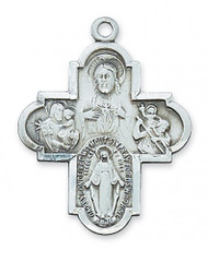 This 4 way medal comes either in an Pewter Antique Silver or in Sterling Silver. Medal measures 1 3/8" X 1"  and comes on a 24" Rhodium Plated Chain.  A deluxe Gift Box is included

