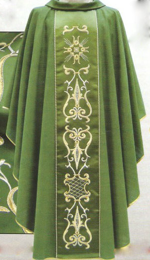 Chasuble in FIAMMATO fabric (100% pure wool)
Roll collar
Embroidered panel in front and back with gold and silver thread
Inside stole
Available in white, green, purple or red
These items are imported from Europe. Please supply your Institution’s Federal ID # as to avoid an import tax. 
Please allow 3-4 weeks for delivery if item is not in stock