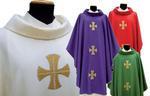 Chasuble in MONASTICO fabric (45% pure wool, 55% polyester). Roll collar. Embroidered on front and back with three crosses. Inside stole
Available in white, green, purple or red. 
These items are imported from Europe. Please supply your Institution’s Federal ID # as to avoid an import tax. 
Please allow 3-4 weeks for delivery if item is not in stock