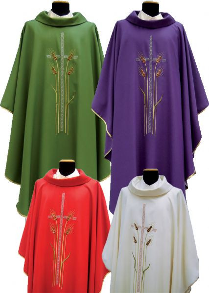 Chasuble in MONASTICO fabric (45% pure wool, 55% polyester). Roll collar. Embroidered with cross and wheat. Inside stole. Available in white, green, purple or red. These items are imported from Europe. Please supply your Institution’s Federal ID # as to avoid an import tax. Please allow 3-4 weeks for delivery if item is not in stock.
