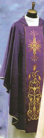 Chasuble in PURA LANA fabric (100% pure wool), with square collar. Embroidered on front and back with gold thread. Inside stole. Available in white, green, purple or red. These items are imported from Europe. Please supply your Institution’s Federal ID # as to avoid an import tax.  Please allow 3-4 weeks for delivery if item is not in stock
