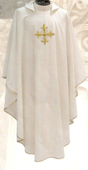 Chasuble with Square Collar. Imported from Italy. Primavera Fabric (100% Polyester) with embroidered cross on the front only, with inside stole. Matching Dalmatic, Overlay and Deacon Stole Available. Available in Purple, Red, Rose, White and Green. These items are imported from Europe. Please supply your Institution’s Federal ID # as to avoid an import tax. Please allow 3-4 weeks for delivery if item is not in stock

 