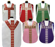 Roman chasuble in PRIMAVERA fabric (100% polyester) with banding. Available in white, red, green, purple and rose. Sold as a set with the fiddleback, or separately is the Maniple, Chalice Veil and Burse set.  These items are imported from Europe. Please supply your Intitution’s Federal ID # as to avoid an import tax. Please allow 3-4 weeks for delivery if item is not in stock