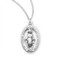 Solid .925 sterling silver Oval Miraculous Medal. Sterling Silver Oval double sided Miraculous Medal comes on an 18" genuine rhodium plated curb chain. Deluxe velour gift box is included. Dimensions: 0.9" x 0.5" (24mm x 13mm). Weight of medal: 2.7 Grams. Made in the USA