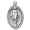 7/8" multiple step cut edged double sided Miraculous Medal pendant.  Miraculous Medal comes on an 18" genuine rhodium plated curb chain.  Dimensions: 0.9" x 0.5" (23mm x 13mm). Deluxe velour gift box included. Made in the USA

