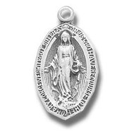 Multiple step cut edged 3/4" Miraculous Medal pendant. Pendant comes on an 18" genuine rhodium plated curb chain. Dimensions: 0.8" x 0.4" (19mm x 11mm).  Deluxe velour gift box included. Made in the USA