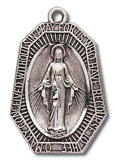 15/16" Miraculous Medal double sided pendant. Medal comes on a 24" genuine rhodium plated endless curb chain. Dimensions: 0.9" x 0.6" (24mm x 16mm).  A deluxe velour gift box is included. Made in the USA 