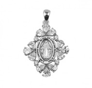1 1/4" Miraculous Medal in Sterling Silver.  The traditional shape Miraculous Medal is set in a frame made up of 16 Clear Swarovski crystal cubic zircons. Medal icomes on an 18" Genuine rhodium plated endless curb chain. 
Dimensions: 1.1" x 0.8" (27mm x 21mm).  Medal presents in a deluxe gift box.  Made in the USA.