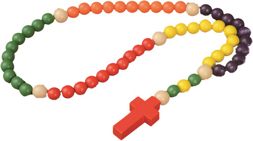 Child's First Wooden Rosary. Share and pray the rosary with a child!  This colorful non-toxic rosary is a 30" strand of 1/2" wooden colored beads. Non recommended for children under 3 years old. Nicely gift packaged.