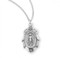 Ornate Miraculous Medal in Sterling Silver made in the USA. The 15/16" oval medal with an ornate border is adorned with a finely detailed Blessed Mother. Medal comes on an 18" genuine rhodium plated curb chain. Dimensions: 0.9" x 0.6" (24mm x 14mm).  Deluxe velvet gift box is included. 