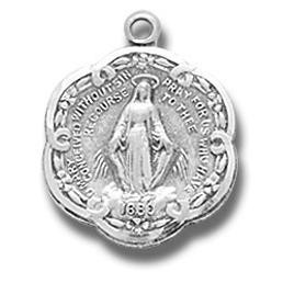 3/4" Round scalloped edge Miraculous Medal with a 18" Chain . Medal is all sterling silver with a genuine rhodium-plated, stainless steel chain. Deluxe velour gift box. Price subject to change