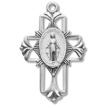Oval shaped double sided medal set inside a fancy pierced cross pendant.  1 1/8" Miraculous Medal with an 18" genuine rhodium plated curb chain. Dimensions: 1.1" x 0.7" (29mm x 19mm).  Deluxe velour gift box included. Made in the USA
