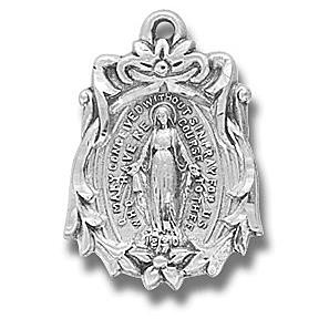 Sterling Silver 13/16" Miraculous Medal.  Medal comes on an 18" genuine rhodium plated curb chain. Dimensions: 0.8" x 0.6" (21mm x 14mm) Deluxe velour gift box is included. Made in the USA. .