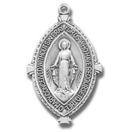 1 3/8" Men's Miraculous Medal. Medal is all sterling silver with a 24" genuine rhodium plated endless curb chain. Deluxe velour gift box. Dimensions: 1.4" x 0.9" (35mm x 22mm). Made in USA.