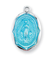 Blue enameled oval shaped double sided miraculous medal pendant with scalloped edging. 18" Genuine rhodium plated curb chain. Dimensions: 0.7" x 0.5" (18mm x 12mm). Deluxe velour gift box. Made in the USA


