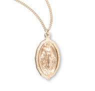 7/8" Miraculous Medal with a 18" Chain.  16kt Gold over Sterling silver. Dimensions: 0.9" x 0.5" (23mm x 13mm). Weight of medal: 2.8 Grams.  18" Genuine gold plated curb chain.   Made in USA.  Deluxe velvet gift box included.ain