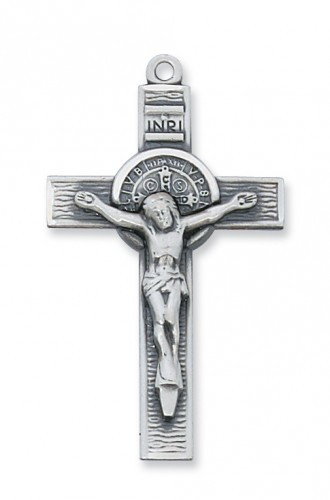 1 - 3/4" Sterling Silver Saint Benedict Crucifix.  Sterling Silver Saint Benedict Crucifix comes on a 24" Rhodium Plated Continuous Chain. A  Deluxe Gift Box is Included