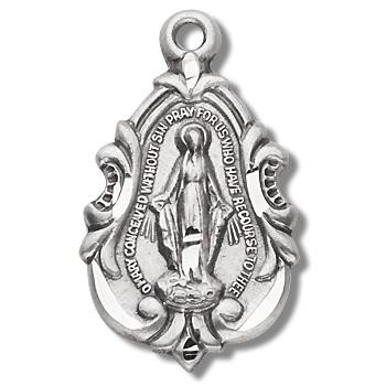 3/4" Sterling Silver Baroque Style Tear Drop shape Miraculous Medal. Medal comes on a genuine 18" rhodium-plated curb chain.  Dimensions: 0.9" x 0.5" (23mm x 12mm). Weight of medal: 1.6 Grams. A deluxe velvet gift box is included. Made in the USA.