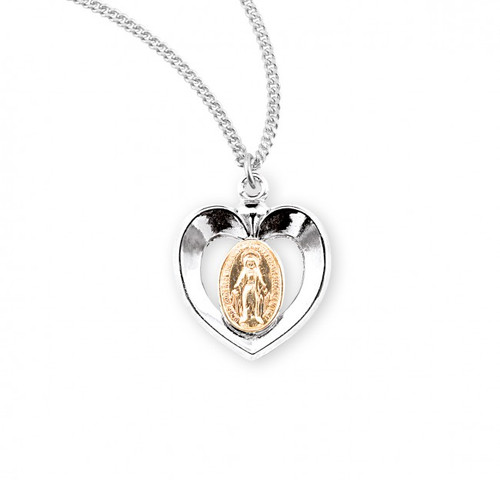 Two Tone Miraculous Medal Pendant. Miraculous Medal is set inside a pierced heart. Sterling Silver Heart with Gold Over Silver Medal. Medal comes on an 18" genuine rhodium plated curb chain.  Dimensions: 0.8" x 0.5" (19mm x 12mm). Made in USA. Deluxe velvet gift box
