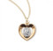 Two Tone Miraculous Medal Pendant. Miraculous Medal is set inside a pierced heart. Sterling Silver Heart with Gold Over Silver Medal. Medal comes on an 18" genuine rhodium plated curb chain.  Dimensions: 0.8" x 0.5" (19mm x 12mm). Made in USA. Deluxe velvet gift box