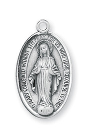 1 1/16" Miraculous Medal with a 24" Chain . Medal is all sterling silver with a 24" genuine rhodium-plated, stainless steel chain. Deluxe velour gift box included. 



