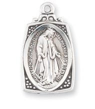 "Art Deco" profile style 1" Miraculous Medal. Medal comes on an 18" genuine rhodium plated curb chain.  Dimensions: 0.9" x 0.5" (22mm x 13mm). Included is  a deluxe velour gift box

