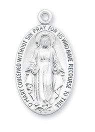 1 3/16" Miraculous Medal with a 24" Chain . Medal is .925 sterling silver with a genuine rhodium-plated, endless curb chain. Deluxe velour gift box included. Made in the USA 
