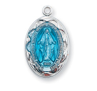 Oval Blue Enameled Miraculous Medal. Oval Blue enameled scalloped edge Miraculous Medal is all sterling silver. Medal comes on an 18" genuine rhodium plated curb chain. Dimensions: 0.8" x 0.5" (21mm x 13mm).  A deluxe velour gift box is included.


