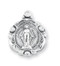 5/8" Miraculous Medal with a 18" Chain. Sterling silver Miraculous Medal comes with an 18" genuine rhodium-plated  chain. Dimensions: 0.7" x 0.6" (17mm x 14mm).  A deluxe velour gift box is included.

