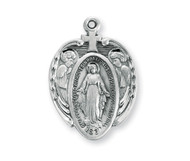 1 1/8" Sterling Silver Miraculous Medal.  Medal comes on a 24" genuine rhodium-plated, stainless steel chain.  Dimensions: 1.2" x 0.8" (30mm x 21mm). Medal comes with a deluxe velour gift box.  Made in USA