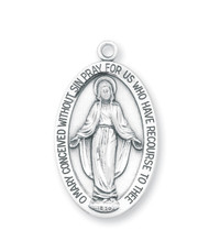 1 5/8" Miraculous Medal with a 24" Chain. Medal is solid .925 sterling silver with a genuine rhodium-plated endless curb chain. Deluxe velour gift box included. Made in the USA. 

