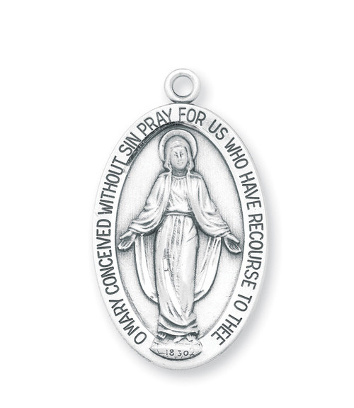 1 5/8" Miraculous Medal with a 24" Chain. Medal is solid .925 sterling silver with a genuine rhodium-plated endless curb chain. Deluxe velour gift box included. Made in the USA. 

