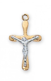 10/16"L Gold Over Sterling Silver TuTone Crucifix. 16" Gold Plated Chain. Gift Box Included