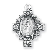 15/16" Miraculous Medal with an 18" Chain. Medal is all sterling silver with a genuine rhodium-plated, stainless steel chain. Deluxe velour gift box

