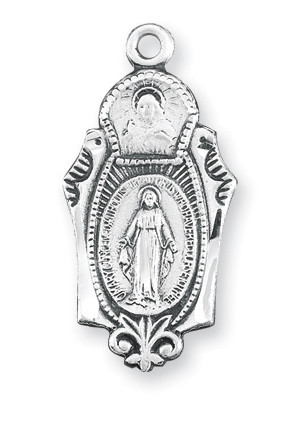 Miraculous Medal with an 18" Chain. Dimensions: 0.9" x 0.4" (23mm x 11mm). Medal is all sterling silver with a genuine rhodium-plated, stainless steel chain. Deluxe velour gift box


