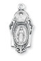 Miraculous Medal with an 18" Chain. Dimensions: 0.9" x 0.4" (23mm x 11mm). Medal is all sterling silver with a genuine rhodium-plated, stainless steel chain. Deluxe velour gift box

