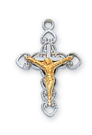 Sterling Silver Two Tone Crucifix.  Crucifix comes on a 16" Rhodium Plated Chain. The Crucifix measures  5/8" in Length and comes in a deluxe gift box.

