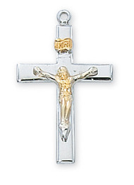 1" TuTone Sterling Silver Cross with Gold Corpus.  Crucifix comes on an 18" Rhodium Chain. A deluxe gift box is included

 