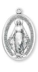 1 1/8" Miraculous Medal with a 24" Chain. Medal is all sterling silver with a 24" Genuine rhodium plated endless curb chain.  Dimensions: 1.2" x 0.9" (30mm x 23mm), Weight of medal: 2.6 Grams. Made in USA.