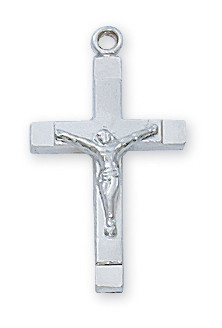 3/4"  Sterling Silver Crucifix. The sterling silver crucifix comes on an 18" Rhodium Plated Chain. A deluxe gift box is included. 

