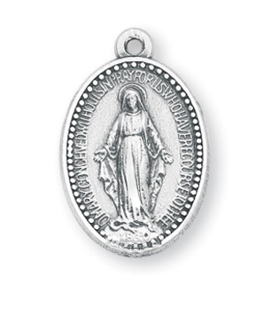 7/8" sterling silver Miraculous Medal with a genuine rhodium-plated, stainless steel 18" chain. Deluxe velour gift box included. Made in the USA

 
