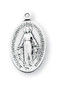 3/4" Sterling silver Miraculous Medal with an with a genuine rhodium-plated, 18"  stainless steel chain. Dimensions: 0.8" x 0.5" (19mm x 12mm)
Comes in a deluxe velour gift box. 